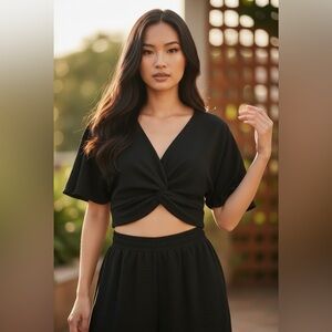 Zenana Woven Airflow Twisted Crop Top & Wide Leg Pants Set (Black)